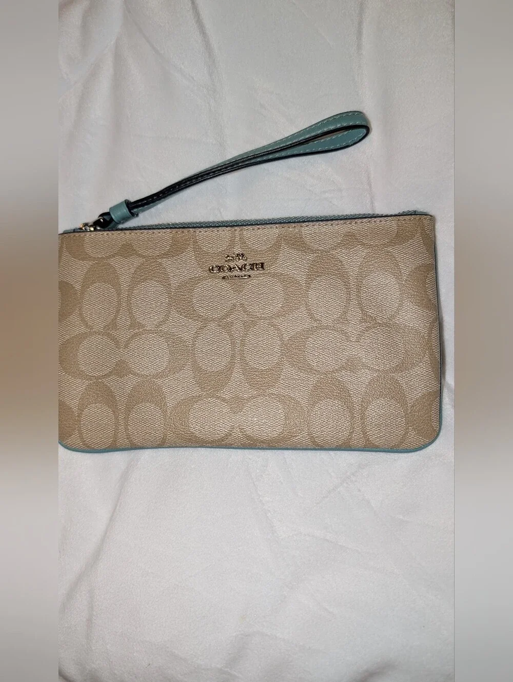 Large Corner Zip Wristlet Signature Canvas Khaki Blue VGC